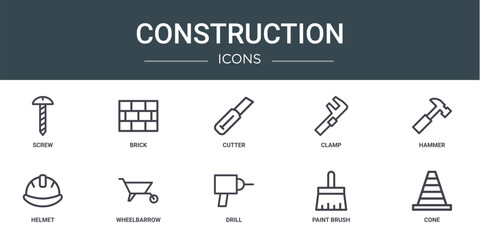 set of 10 outline web construction icons such as screw, brick, cutter, clamp, hammer, helmet, wheelbarrow vector icons for report, presentation, diagram, web design, mobile app