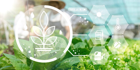 Agriculture technology farmer to research about agriculture problems analysis data and visual icon