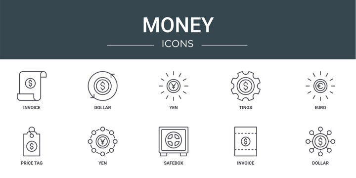 set of 10 outline web money icons such as invoice, dollar, yen, tings, euro, price tag, yen vector icons for report, presentation, diagram, web design, mobile app