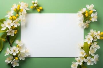 white square card surrounded by white flowers and light green background