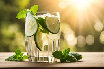 cold cucumber water, lemonade in a glass with slices of lime and lemon over wooden background, detox drink created with generative ai technology