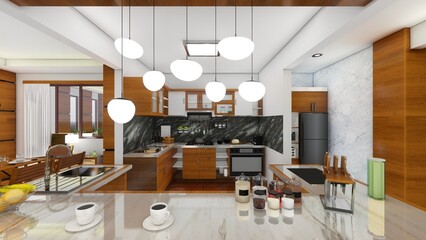 Modern kitchen interior in luxury private house. Wood grain design, Marble floors, Stylish kitchenware. 3d renders