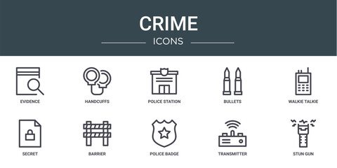 set of 10 outline web crime icons such as evidence, handcuffs, police station, bullets, walkie talkie, secret, barrier vector icons for report, presentation, diagram, web design, mobile app