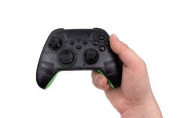 Joystick in hand on a white background. Gamepad in hand closeup isolated on white background.