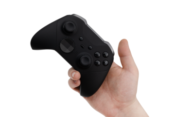 Joystick in hand on a white background. Gamepad in hand closeup isolated on white background.