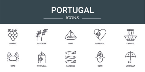 Fototapeta na wymiar set of 10 outline web portugal icons such as grapes, lavender, boat, portugal, caravel, crab, portugal vector icons for report, presentation, diagram, web design, mobile app