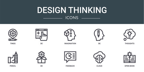 set of 10 outline web design thinking icons such as tings, de, imagination, de, thoughts, pencil, de vector icons for report, presentation, diagram, web design, mobile app