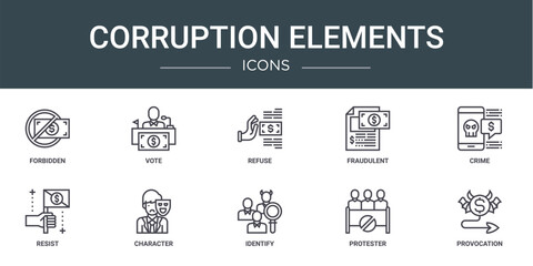 Fototapeta premium set of 10 outline web corruption elements icons such as forbidden, vote, refuse, fraudulent, crime, resist, character vector icons for report, presentation, diagram, web design, mobile app