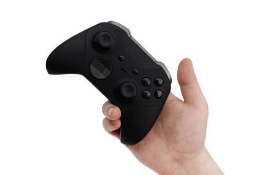 Joystick in hand on a white background. Gamepad in hand closeup isolated on white background.