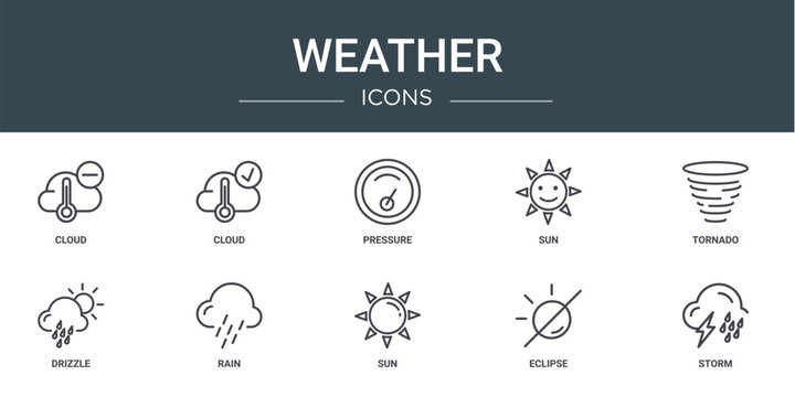 set of 10 outline web weather icons such as cloud, cloud, pressure, sun, tornado, drizzle, rain vector icons for report, presentation, diagram, web design, mobile app