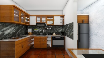 Modern kitchen interior in luxury private house. Wood grain design, Marble floors, Stylish kitchenware. 3d renders