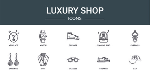set of 10 outline web luxury shop icons such as necklace, watch, sneaker, diamond ring, earrings, earrings, suit vector icons for report, presentation, diagram, web design, mobile app
