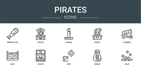 set of 10 outline web pirates icons such as monocular, pirate, candle, pirate, cannon, map, pirate vector icons for report, presentation, diagram, web design, mobile app