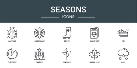 set of 10 outline web seasons icons such as ladybug, snowflake, boots, passport, pie, chestnut, carrots vector icons for report, presentation, diagram, web design, mobile app