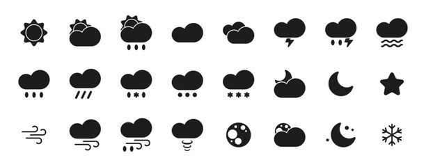 24 weather set. Black icons. Vector and PNG on transparent background.