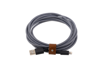 Cable for portable equipment with USB lightning connectors on a white background. Cable closeup isolated on white background.