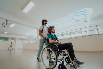 Fototapeta na wymiar African American student pushing his friend's wheelchair through a modern school, demonstrating inclusion, accessibility, and the power of friendship.Assistance to people with disabilities