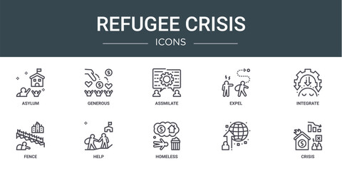 set of 10 outline web refugee crisis icons such as asylum, generous, assmilate, expel, integrate, fence, help vector icons for report, presentation, diagram, web design, mobile app