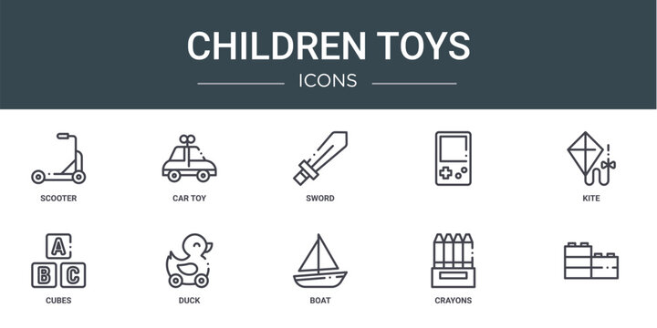 set of 10 outline web children toys icons such as scooter, car toy, sword, , kite, cubes, duck vector icons for report, presentation, diagram, web design, mobile app