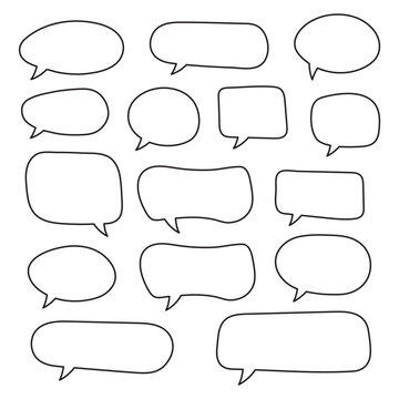 Vector Speech Bubbles Set. Hand Drawn Speech Bubbles Set, Doodle Style, Blank Empty Vector Speech Bubbles. Cartoon Outline Balloon Word Design.