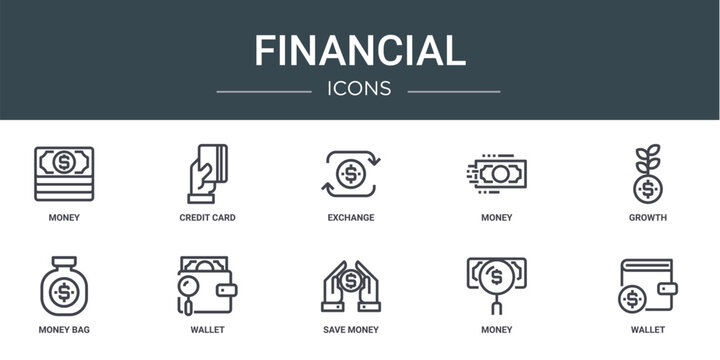 set of 10 outline web financial icons such as money, credit card, exchange, money, growth, money bag, wallet vector icons for report, presentation, diagram, web design, mobile app