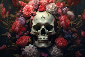 skull decorated with flowers Halloween coral. generative ai