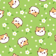 Seamless pattern of a cute cats, flowers and leaves. Vector illustration on a green background. Cartoon style flat design. Concept for children print.