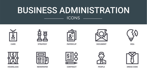 set of 10 outline web business administration icons such as card, strategy, paperclip, document, idea, hourglass, newspaper vector icons for report, presentation, diagram, web design, mobile app