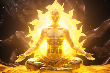 buddha in meditation Solar plexus chakra concept, Statue in solar plexus having golden chakra in the background covering the atmosphere, Statue in yoga self healing order.