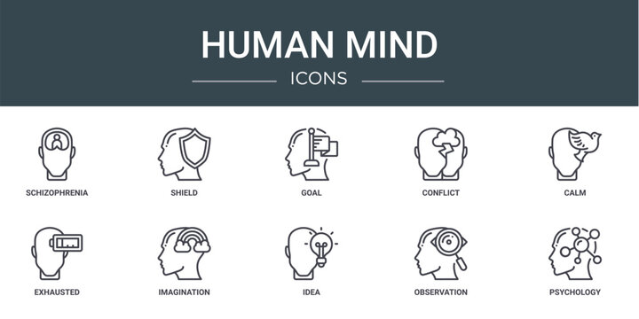 set of 10 outline web human mind icons such as schizophrenia, shield, goal, conflict, calm, exhausted, imagination vector icons for report, presentation, diagram, web design, mobile app