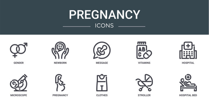 set of 10 outline web pregnancy icons such as gender, newborn, message, vitamins, hospital, microscope, pregnancy vector icons for report, presentation, diagram, web design, mobile app