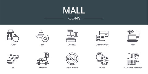 set of 10 outline web mall icons such as food, toy, cashbox, credit cards, wifi, or, parking vector icons for report, presentation, diagram, web design, mobile app