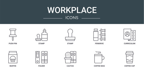 set of 10 outline web workplace icons such as push pin, stamp, stamp, pendrive, curriculum, muffin, folder vector icons for report, presentation, diagram, web design, mobile app