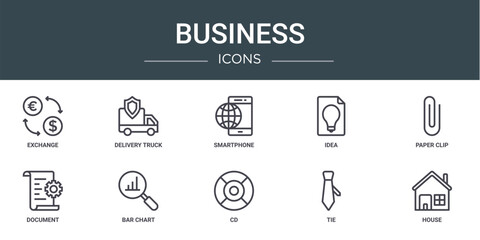 Fototapeta na wymiar set of 10 outline web business icons such as exchange, delivery truck, smartphone, idea, paper clip, document, bar chart vector icons for report, presentation, diagram, web design, mobile app