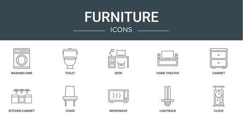 set of 10 outline web furniture icons such as washing hine, toilet, desk, home theater, cabinet, kitchen cabinet, chair vector icons for report, presentation, diagram, web design, mobile app