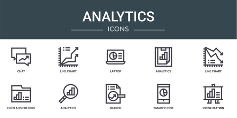 set of 10 outline web analytics icons such as chat, line chart, laptop, analytics, line chart, files and folders, analytics vector icons for report, presentation, diagram, web design, mobile app