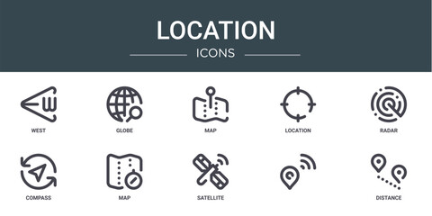 set of 10 outline web location icons such as west, globe, map, location, radar, compass, map vector icons for report, presentation, diagram, web design, mobile app