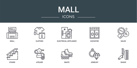 set of 10 outline web mall icons such as mall, clothes, electrical appliance, elevator, sales, stairs, atelier vector icons for report, presentation, diagram, web design, mobile app