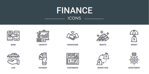 set of 10 outline web finance icons such as bank, growth, handshake, ingots, money, car, payment vector icons for report, presentation, diagram, web design, mobile app