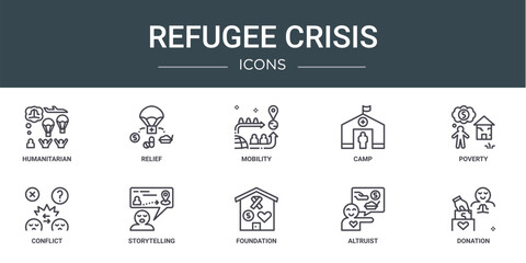 set of 10 outline web refugee crisis icons such as humanitarian, relief, mobility, camp, poverty, conflict, storytelling vector icons for report, presentation, diagram, web design, mobile app