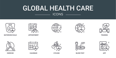 set of 10 outline web global health care icons such as bathroom scale, appointment, , training, exercise, calendar vector icons for report, presentation, diagram, web design, mobile