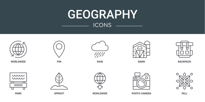set of 10 outline web geography icons such as worldwide, pin, rain, barn, backpack, park, sprout vector icons for report, presentation, diagram, web design, mobile app