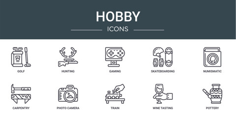 set of 10 outline web hobby icons such as golf, hunting, gaming, skateboarding, numismatic, carpentry, photo camera vector icons for report, presentation, diagram, web design, mobile app