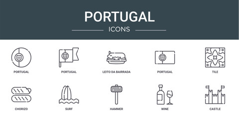 set of 10 outline web portugal icons such as portugal, portugal, leito da bairrada, tile, chorizo, surf vector icons for report, presentation, diagram, web design, mobile app