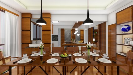 modern apartment interior view, dining table. 3d rendering
