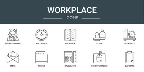 set of 10 outline web workplace icons such as businesswoman, wall clock, open book, stamp, bookshelf, email, folder vector icons for report, presentation, diagram, web design, mobile app