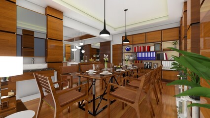 modern apartment interior view, dining table. 3d rendering