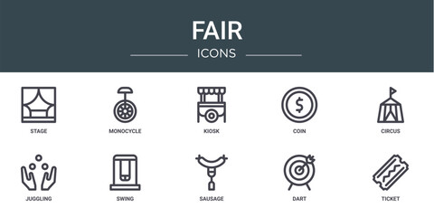 set of 10 outline web fair icons such as stage, monocycle, kiosk, coin, circus, juggling, swing vector icons for report, presentation, diagram, web design, mobile app