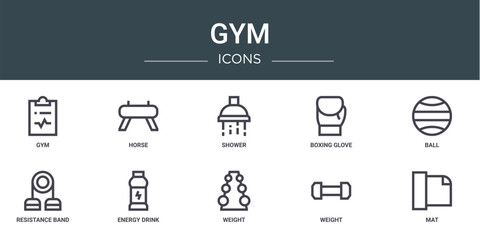 set of 10 outline web gym icons such as gym, horse, shower, boxing glove, ball, resistance band, energy drink vector icons for report, presentation, diagram, web design, mobile app