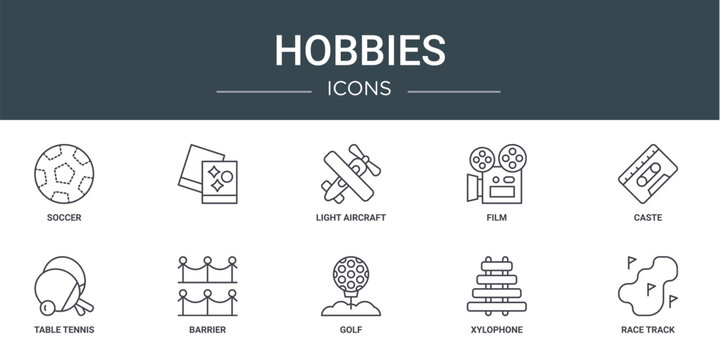 set of 10 outline web hobbies icons such as soccer, , light aircraft, film, caste, table tennis, barrier vector icons for report, presentation, diagram, web design, mobile app